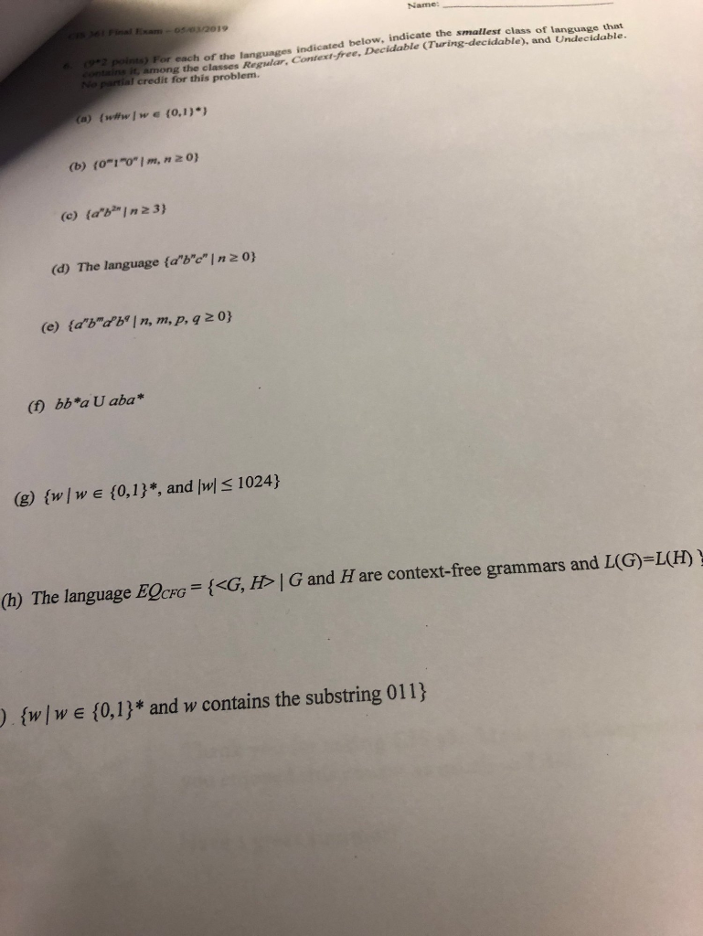 Language That Class Deci Solved: ... Exam Of Name The Smallest