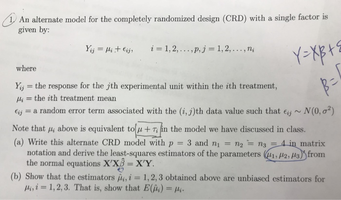 Solved An Alternate Model For The Completely Randomized D Chegg Com