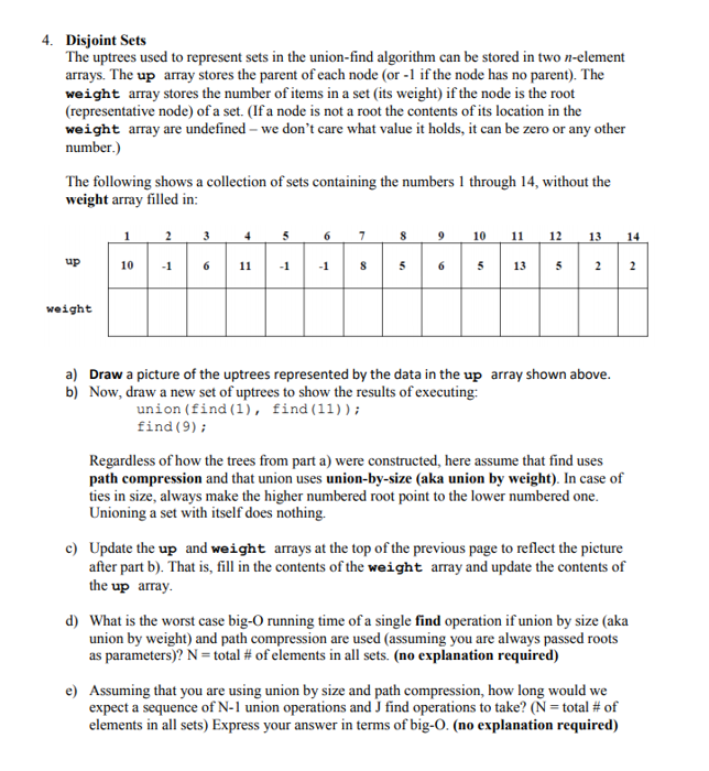 4. Disjoint Sets The uptrees used to represent sets in the union-find algorithm can be stored in two n-element arrays. The up