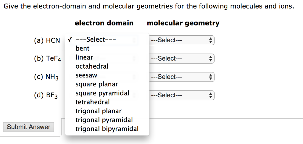 Give the electron domain and molecular geometry for N2O