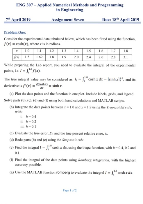 ENG 307-Applied Numerical Methods and Programming in Engineering 7th April 2019 Assignment Seven Due: 18th April 2019 Conside