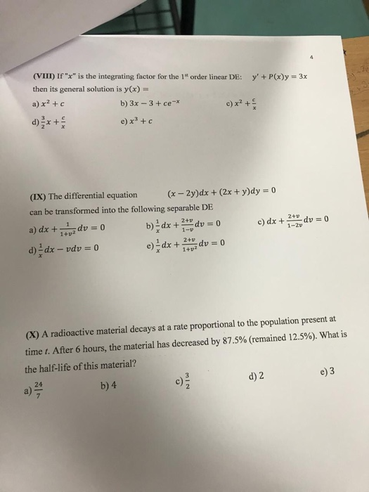 Solved Vii If X Is The Integrating Factor For The L O Chegg Com