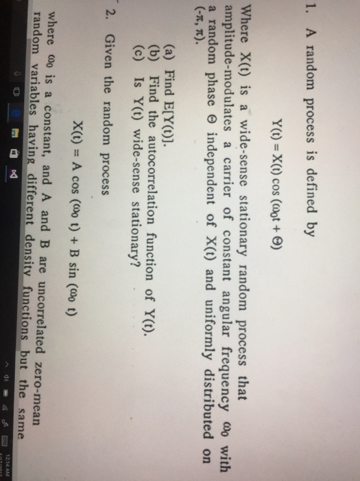 Solved A Random Process Is Defined By Y T X T Cos Om Chegg Com