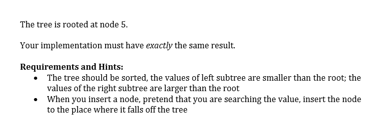 The tree is rooted at node 5. Your implementation must have exactly the same result Requirements and Hints: The tree should b