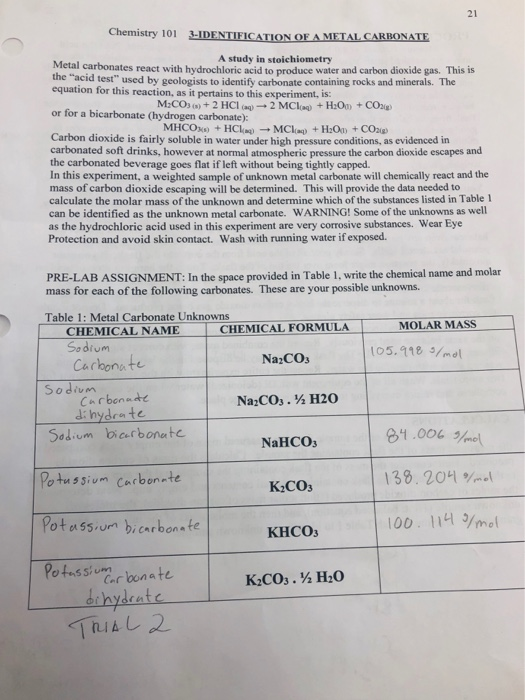 21 Chemistry 101 Lidentification Ofaalcarbonate A Chegg 