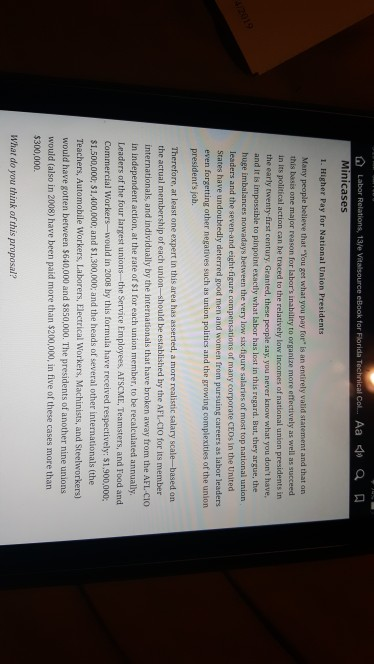 s, 13/e Vitalsource eBook for Florida Technical Col... Aa a Labor R Minicases 1. Higher Pay for National Union Presidents Man