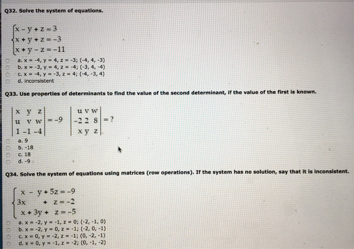 Solved Q32 Solve The System Of Equations X Y Z 3 X Y Z Chegg Com