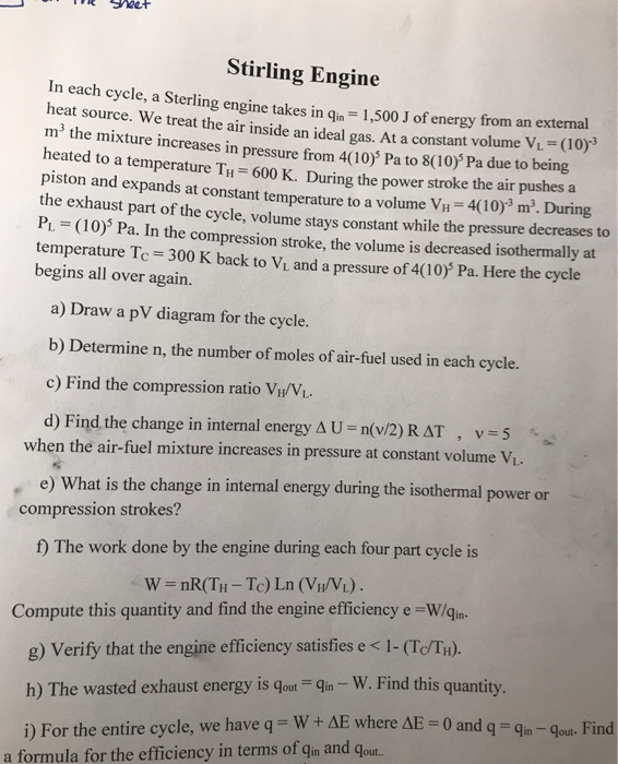 Solved Stirling Engine In Each Cycle A Sterling Engine T Chegg Com