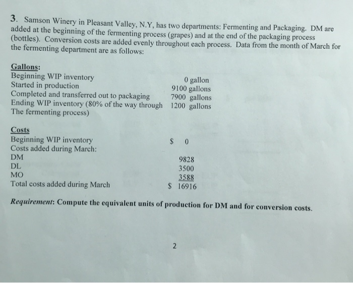 3. Samson Winery in Pleasant Valley, N.Y, has two departments: Fermenting and Packaging. DM are added at the beginning of the fermenting process (grapes) and at the end of the packaging process (bottles). Conversion costs are added evenly throughout each process. Data from the month of March the fermenting department are as follows: Gallons: Beginning WIP inventory Started in production Completed and transferred out to packaging Ending WIP inventory (80% of the way through The fermenting process) 0 gallon 9100 gallons 7900 gallons 1200 gallons Costs Beginning WIP inventory Costs added during March: DM DL MO Total costs added during March 9828 3500 3588 $ 16916 Requirement: Compute the equivalent units of production for DM and for conversion costs