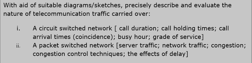 With aid of suitable diagrams/sketches, precisely describe and evaluate the nature of telecommunication traffic carried over: i. A circuit switched network [ call duration; call holding times; call arrival times (coincidence); busy hour; grade of service] ii. A packet switched network [server traffic; network traffic; congestion; congestion control techniques; the effects of delay]