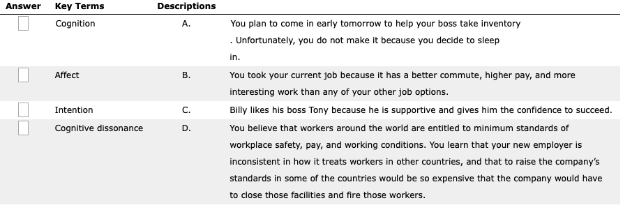 Solved Answer Key Terms Descriptions Cognition A. You plan