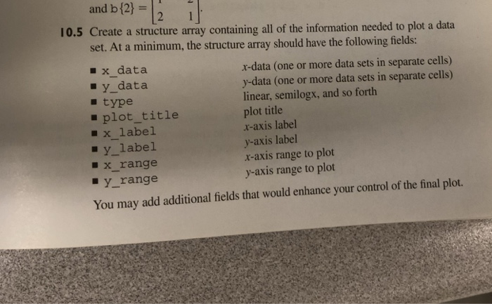 and b {2)- set. At a minimum, the structure array should have the following fields: y_data 10.5 Create a structure array cont