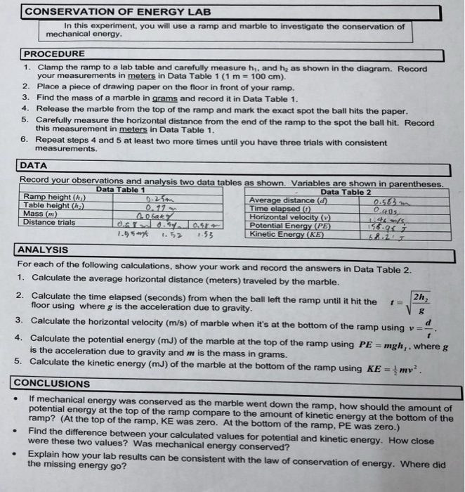 Conservation Of Energy Lab In This Experiment You Chegg Com