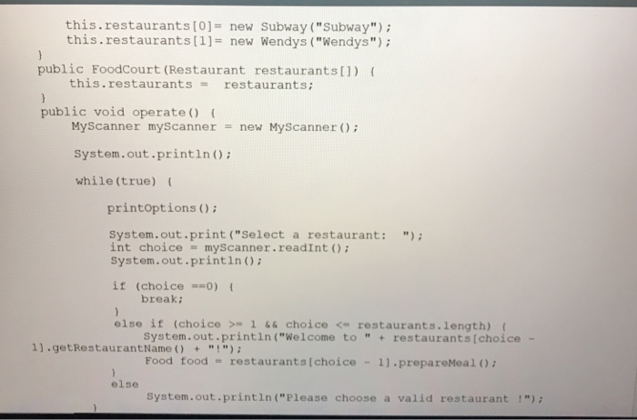 this.restaurants[0]- new Subway (Subway); this.restaurants[1]- new Wendys (Wendys public Foodcourt (Restaurant restaurant