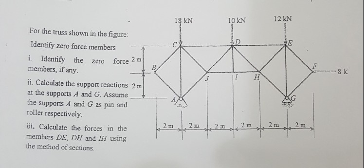 18 kN 10 kN 12 kN For the truss shown in the figure: Identify zero force members i. Identify the zero force 2 m members, if any. I H ii. Calculate the support reactions 2 m at the supports A and G. Assume the supports A and G as pin and roller respectively 2 m 2 m ii. Calculate the forces in the members DE, DH and IH using the method of sections