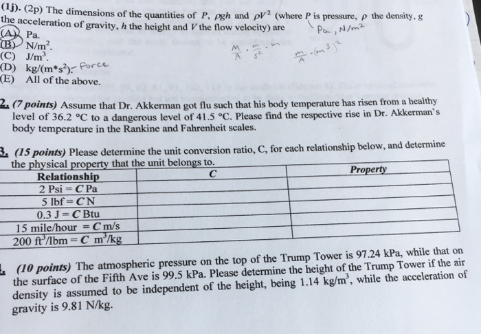 Solved The Dimensions Of The Quantities Of P Rho Gh And Chegg Com