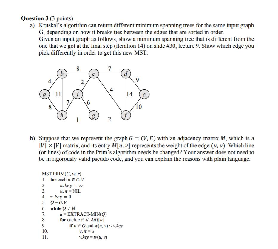 Solved Question 3 3 Points Kruskal S Algorithm Return Different Minimum Spanning Trees Input Grap Q