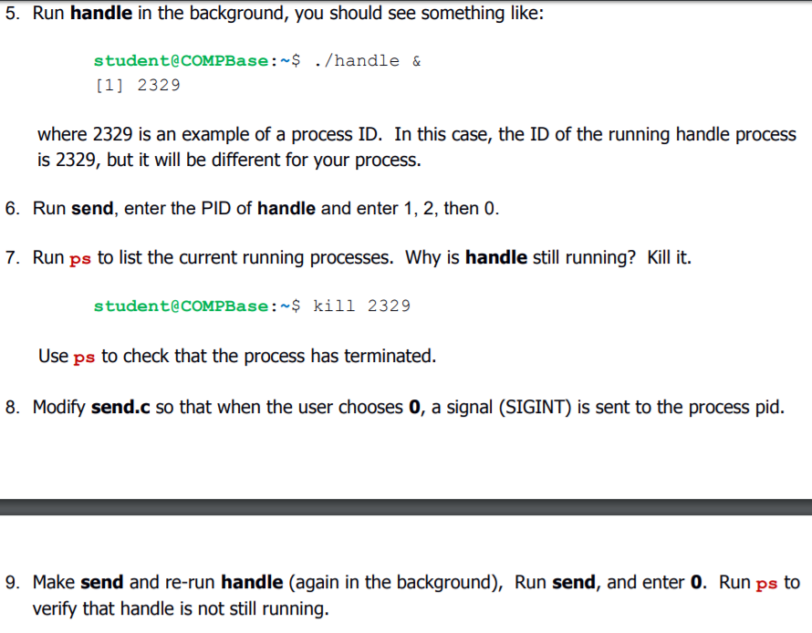 5. Run handle in the background, you should see something like: student@COMPBase$ . /handle & [1] 2329 where 2329 is an examp