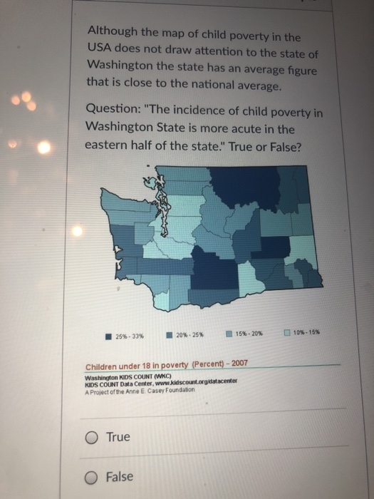 Although the map of child poverty in the USA does not draw attention to the state of Washington the state has an average figure that is close to the national average. Question: The incidence of child poverty in Washington State is more acute in the eastern half of the state. True or False? 25%-33% 20%-25% 15%-20% 10%-15% Children under 18 in poverty (Percent) -2007 Washington KIDS COUNT WKC) KIDS COUNT Data Center, www.kidscount.orgidatacenter A Projectof the Anne E Casey Foundation O True O False