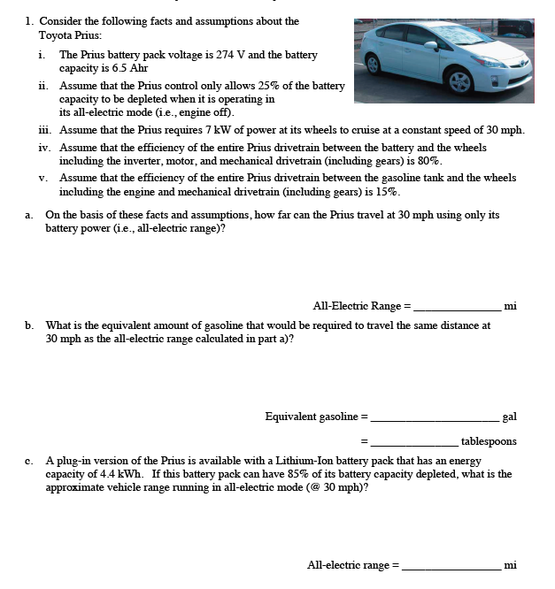 Solved 1 Consider The Following Facts And Umptions Ab Consider The Following Facts And Umptions About Toyota Prius I