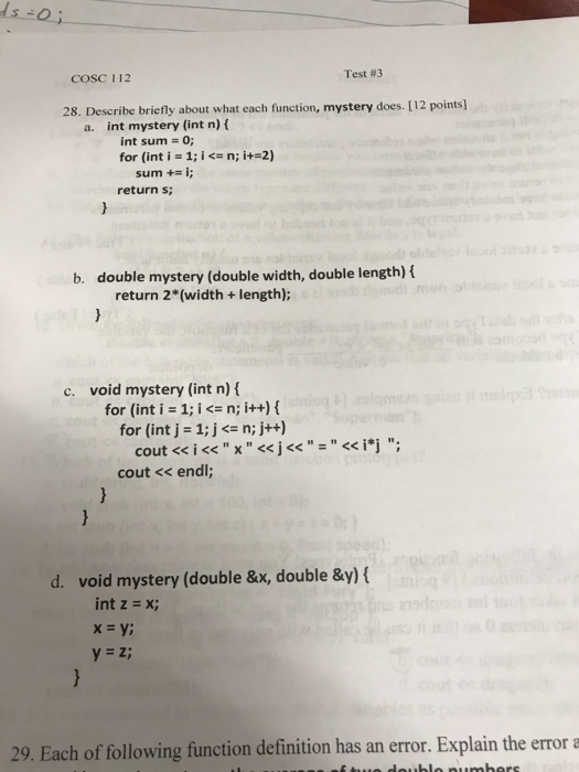 Solved Test 3 Cosc 112 28 Describe Briefly Function Mystery 12 Points Int Mystery Int N Int Sum Q