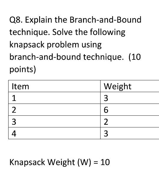 Q8. Explain the Branch-and-Bound technique. Solve the following knapsack problem using branch-and-bound technique. (10 points