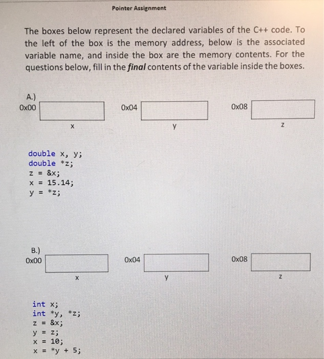 Pointer Assignment The boxes below represent the declared variables of the C++ code. To the left of the box is the memory add