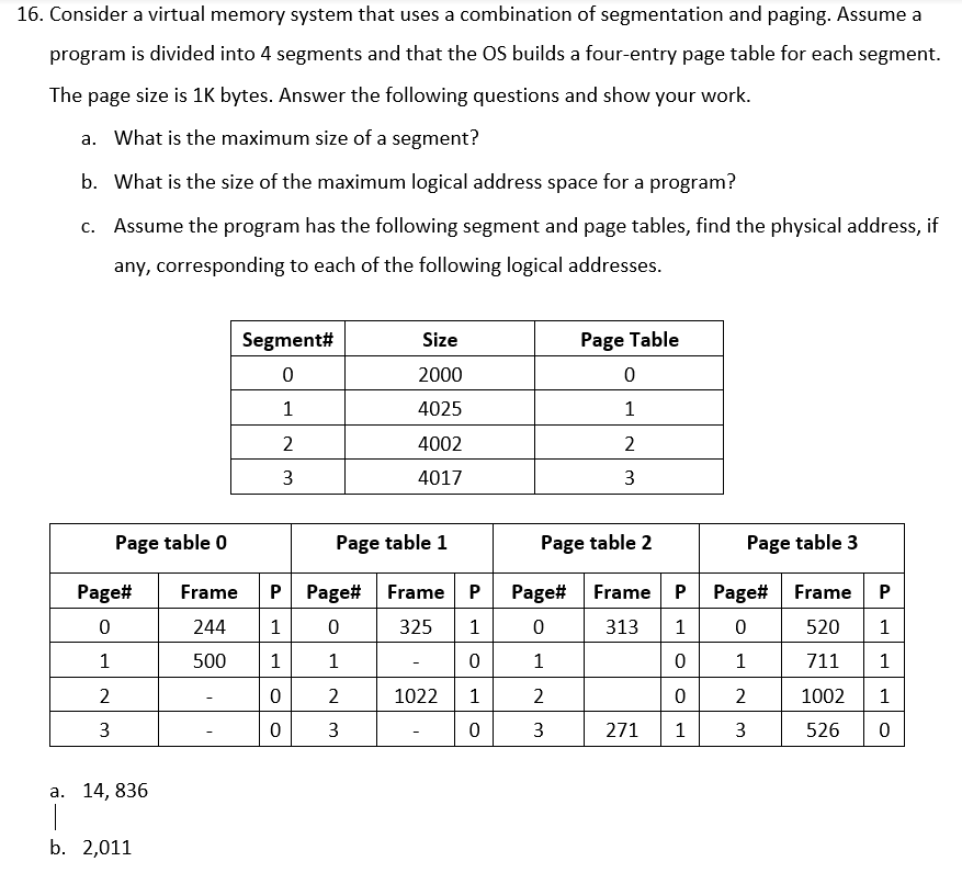 16. Consider a virtual memory system that uses a combination of segmentation and paging. Assume a program is divided into 4 s