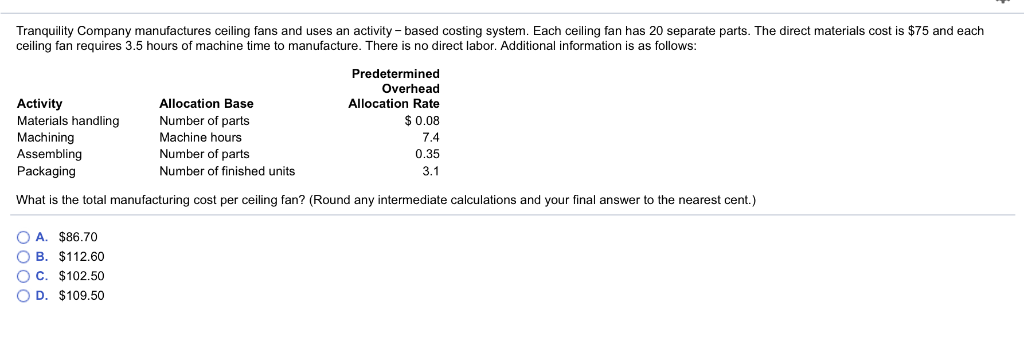 Solved Tranquility Company Manufactures Ceiling Fans And