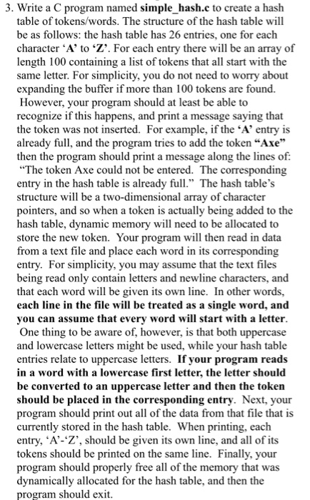 3. Write a C program named simple_hash.c to create a hash table of tokens/words. The structure of the hash table will be as f