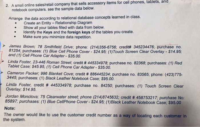 items for cell phones, tablets, and 2. A small online sales/retail company that sells accessory notebook computers. see the sample data below. Arrange the data according to relational database concepts learned in class. .Create an Entity- Relationship Diagram Show all your tables filled with data from below. Identify the Keys and the foreign keys of the tables you create Make sure you minimize data repetition. James Brown; 78 Smithfield Drive, phone: (214)356-6756, credit# 345234476, purchase no. 81254; purchases: (1) Blue Cell Phone Cover- $24.95: (1)Touch Screen Clear Overlay $14.95 and (1) 

<div class=