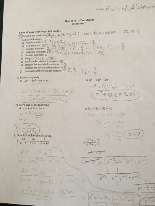 Solved Math 111 Precalculus Worksheet I Show All Your Wor Chegg Com