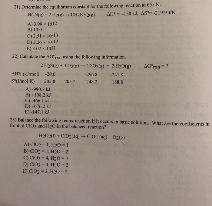 Solved 21 Determine The Equilibrium Constant For The Fol Chegg Com