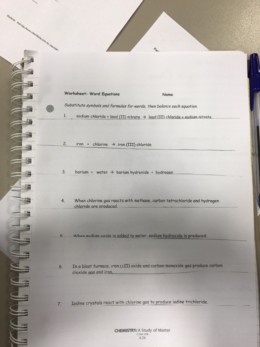 Word Equations Balancing Worksheet Avon Chemistry