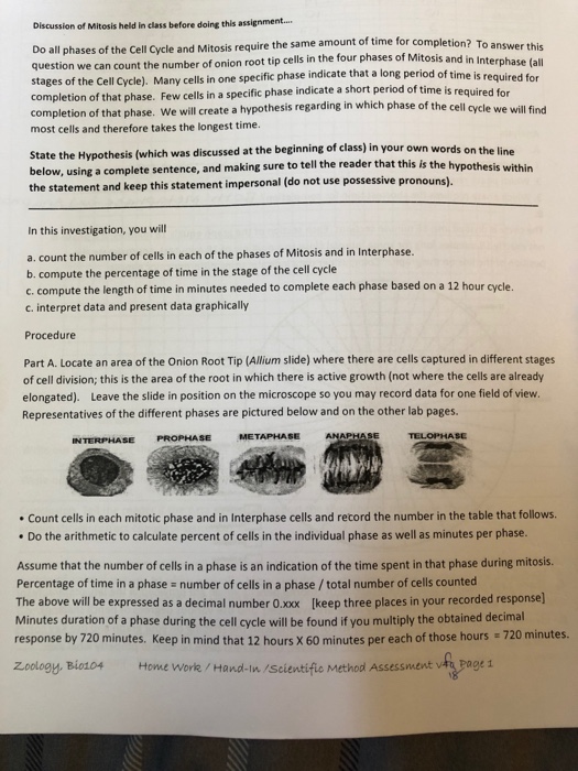 Solved Discussion Of Mitosis Held In Class Before Doing T Chegg Com