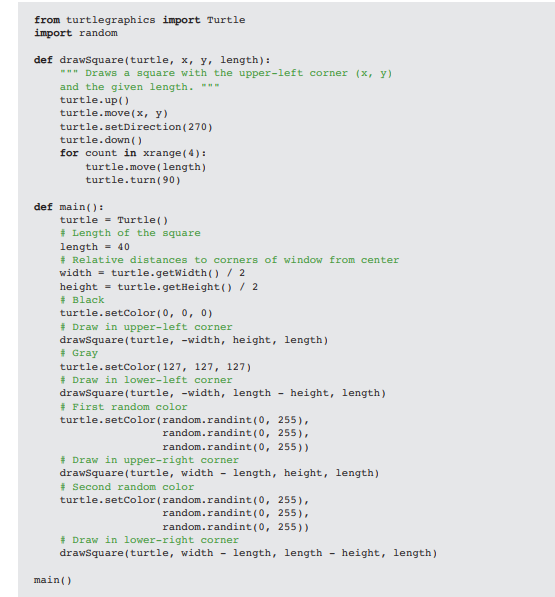 from turtlegraphics import Turtle random def drawsquare(turtle, X, y, length): Draws a square with the upper-left corner (x,y