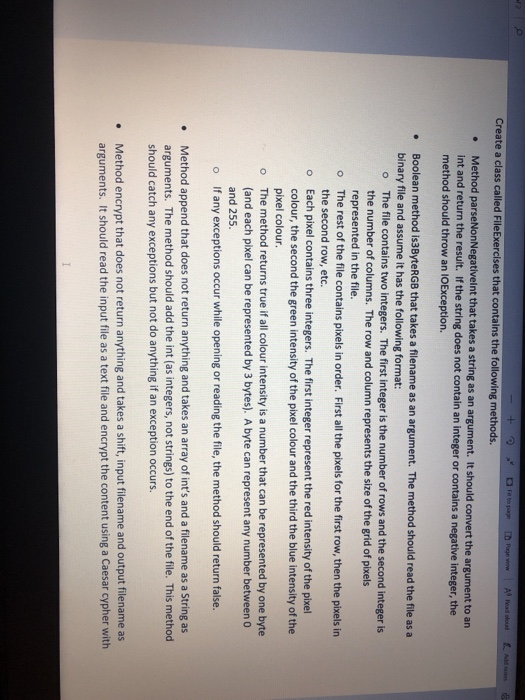 Create a class called FileExercises that contains the following methods. Method parseNonNegativelnt that ta int and return th