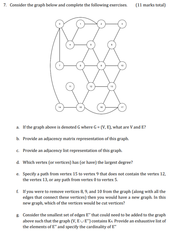 7. Consider the graph below and complete the following exercises. (11 marks total) 10 12 13 15 10 17 a. If the graph above is denoted G where G (V, E), what are V and E? b. Provide an adjacency matrix representation of this graph. c. Provide an adjacency list representation of this graph. d. Which vertex (or vertices) has (or have) the largest degree? e. Specify a path from vertex 15 to vertex 9 that does not contain the vertex 12, the vertex 13, or any path from vertex 0 to vertex 5. f. If you were to remove vertices 8, 9, and 10 from the graph (along with all the edges that connect these vertices) then you would have a new graph. In this new graph, which of the vertices would be cut vertices? Consider the smallest set of edges E that could need to be added to the graph above such that the graph (V, EUE) contains K4. Provide an exhaustive list of the elements of E and specify the cardinality of E g.