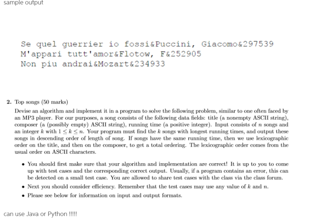 sample output Se quel guerrier io fossi&Puccini, Giacomo&297539 Mappari tuttamor&Flotow, F&252905 Non piu andrai&Mozart&234
