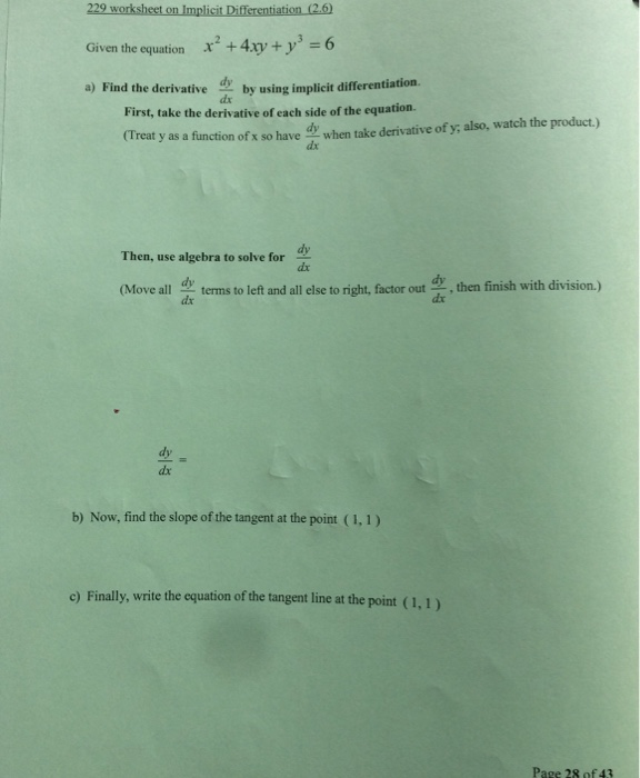 Solved 229 Worksheet On Implicit Differentiation 2 6 Giv Chegg Com