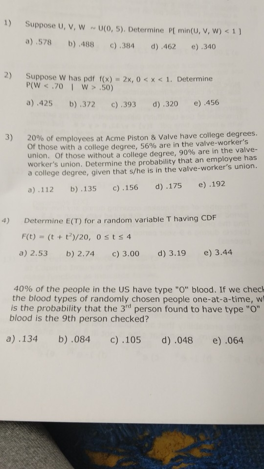 Solved 1 Suppose U V W U 0 5 Determine P Min U V Chegg Com