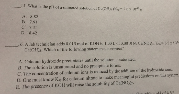 Solved 15 What Is The Ph Of A Saturated Solution Of Cu O Chegg Com