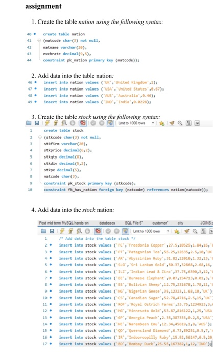 assignment 1. Create the table nation using the following syntax 4Create table nation 41 (natcode char(3) not null 42 natname