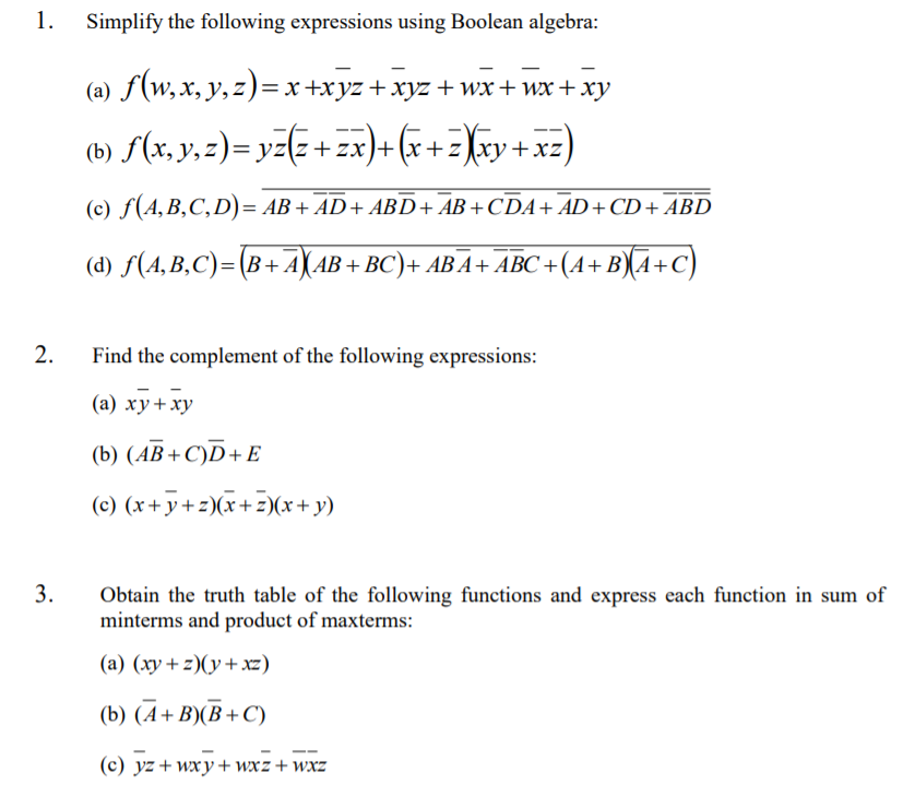 1 Simplify The Following Expressions Using Boolean Chegg Com