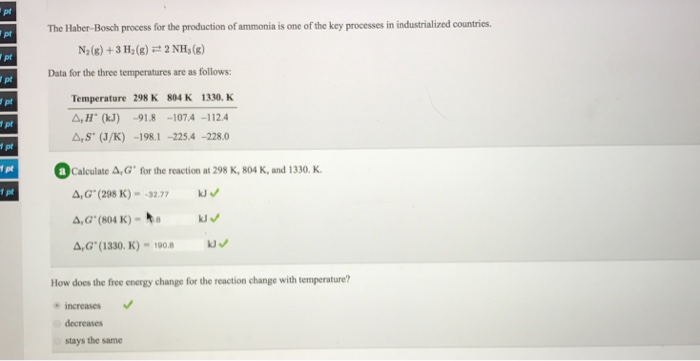 pt pt I pt The Haber-Bosch process for the production of ammonia is one of the key processes in industrialized countries Na(R) +3 H(8)2 NHs (8) Data for the three temperatures are as follows: Temperature 298 K 804 K 1330. K A,H (kJ) -91.8 -107.4 -112.4 f pt S (J/K) -1981 -2254 -228.0 Calculate Δ,G for the reaction at 298 K, 804 K, and 1330. K. A,G (298 K)- 327 ,G (804 K)- J 4,G(1330. K)-190.8 kJV 1 pt How does the free energy change for the reaction change with temperature? increases decreases stays the same