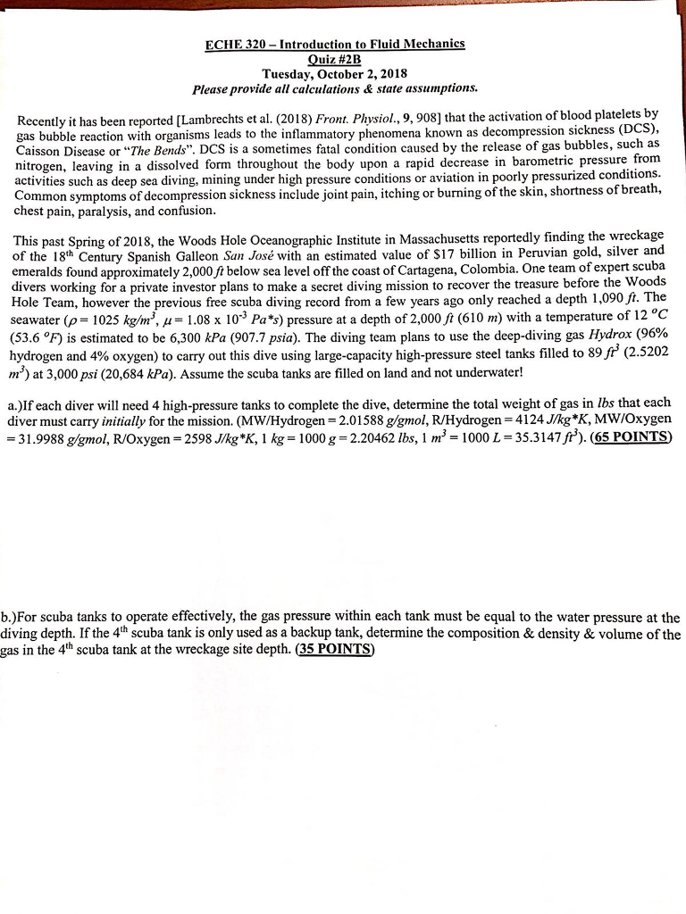 ECHE 320 Introduction to Fluid Mechanics Quiz #2 B Tuesday, October 2,2018