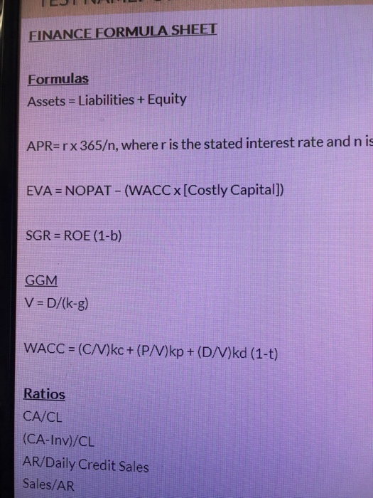 Solved Finance Formula Sheet Formulas Assets Liabilities Chegg Com