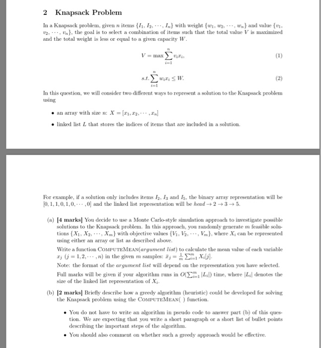 2 Knapsack Problem In Al Knapsack Problem Given N Chegg Com