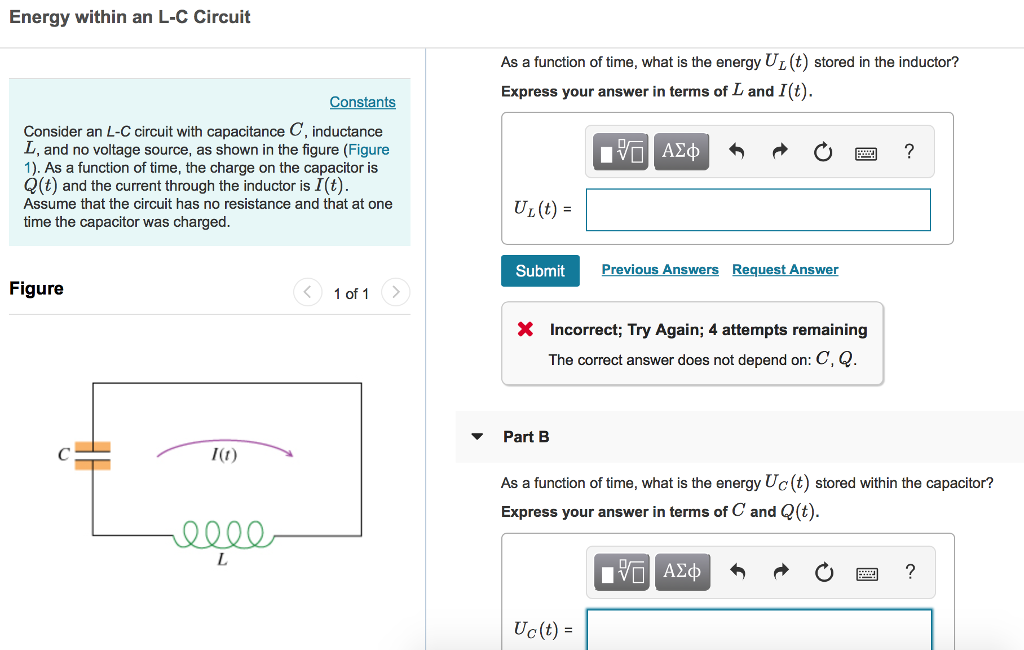 Solved Energy Within An L C Circuit As A Function Of Time Chegg Com