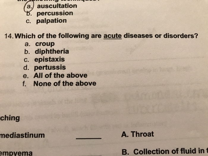 Solved A Auscultation Percussion C Palpation 14 Which Chegg Com